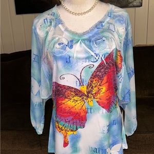 Alli Y~ Vintage Size Medium Sequin Multi-Colors Blouse W/ Butterfly & Floral